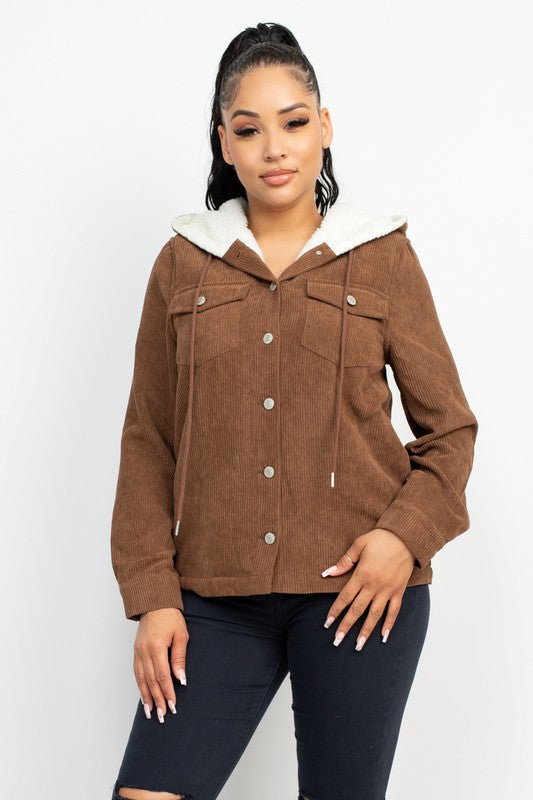 Brown Corduroy Faux Fur Hoodie Jacket