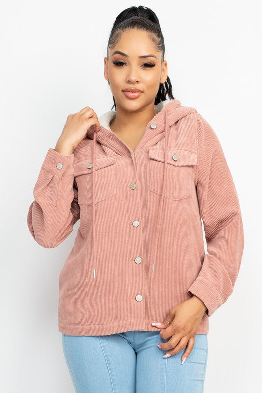 Mauve Corduroy Faux Fur Hoodie Jacket