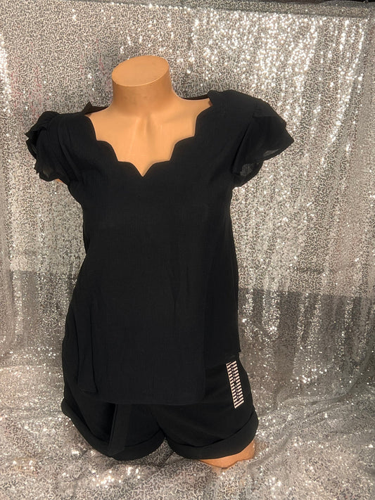 Scallop Black Blouse