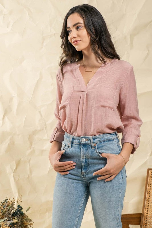 V Neck Blush Button Blouse